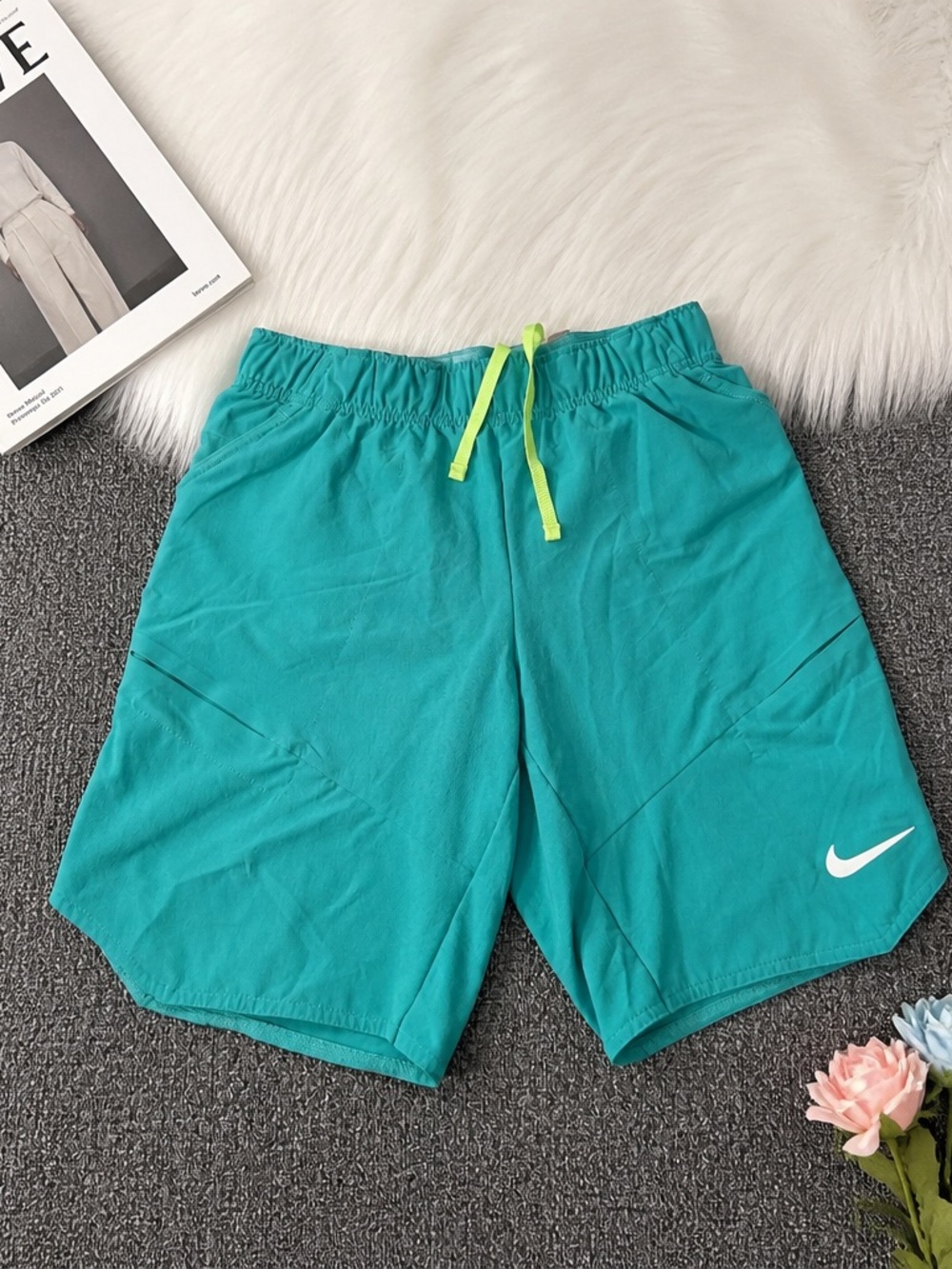 Nike Teal Athletic Shorts with Neon Yellow Drawstring